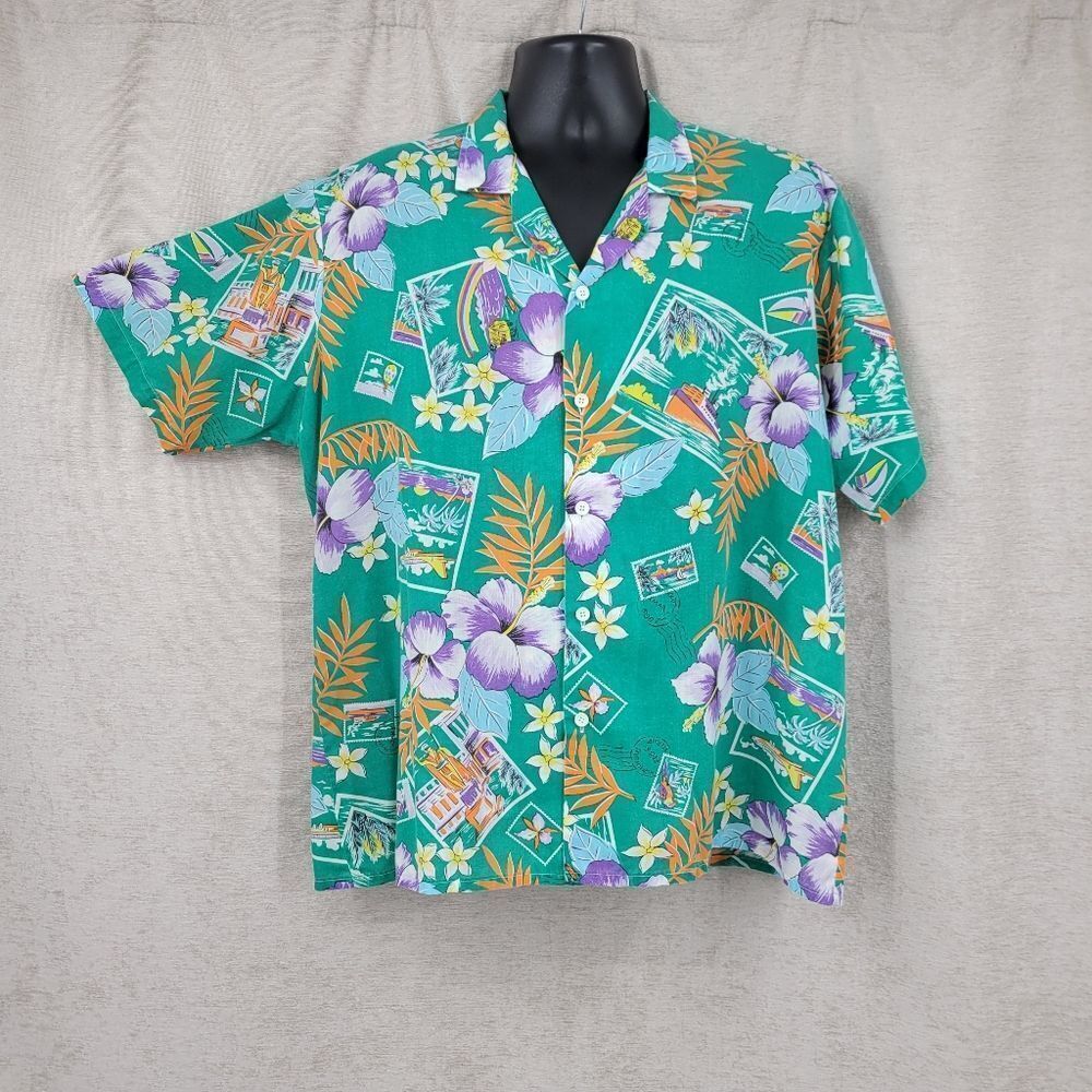 Oceanaire Vintage Tropical Green Floral Men's Camp Collar Hawaiian Shirt